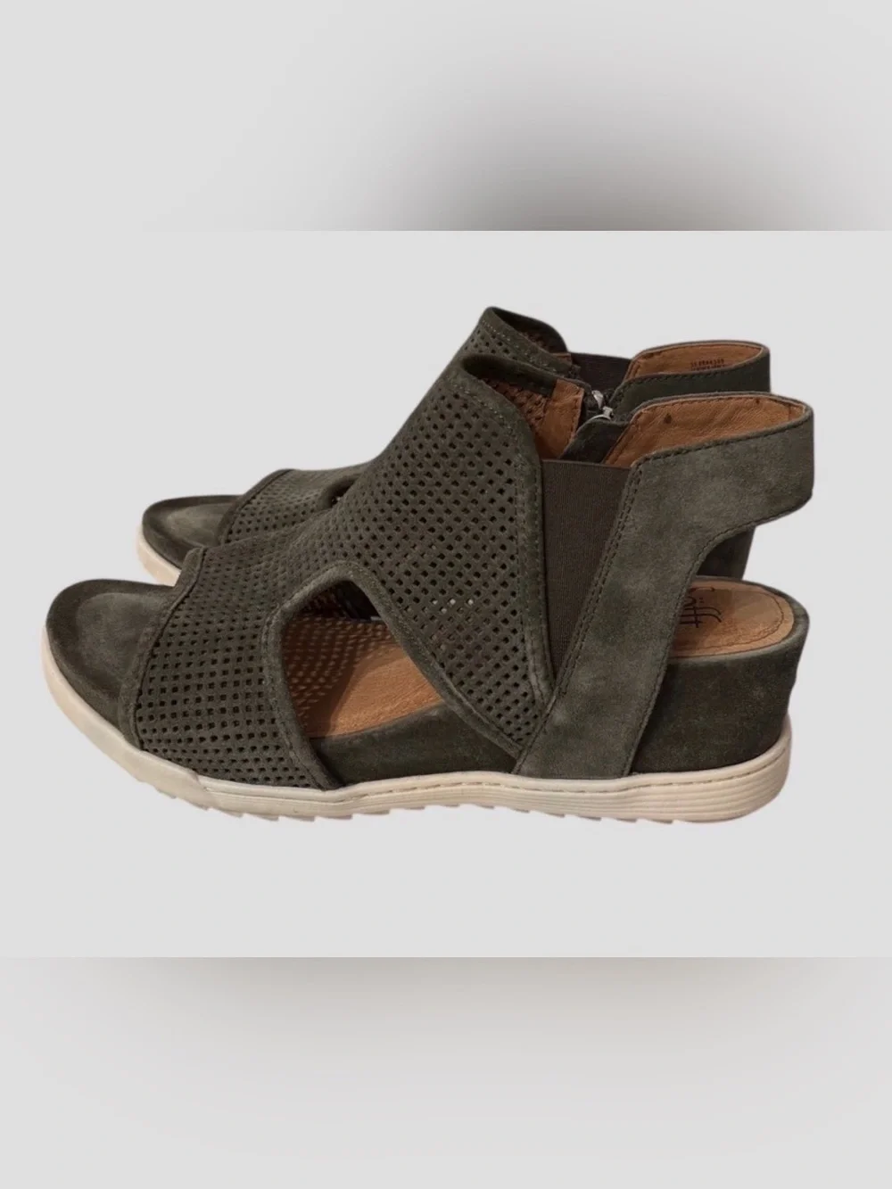 Sofft Shandi Perforated Suede Wedge Sandals - Olive Green